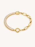 Aurora Link Tennis Bracelet in 18K gold plated stainless steel featuring baguette-cut white CZ stones paired with modern paperclip chain links.