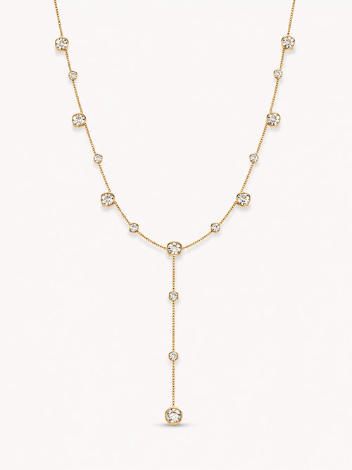 18K gold plated bezel cubic zirconia Y-drop necklace on white background