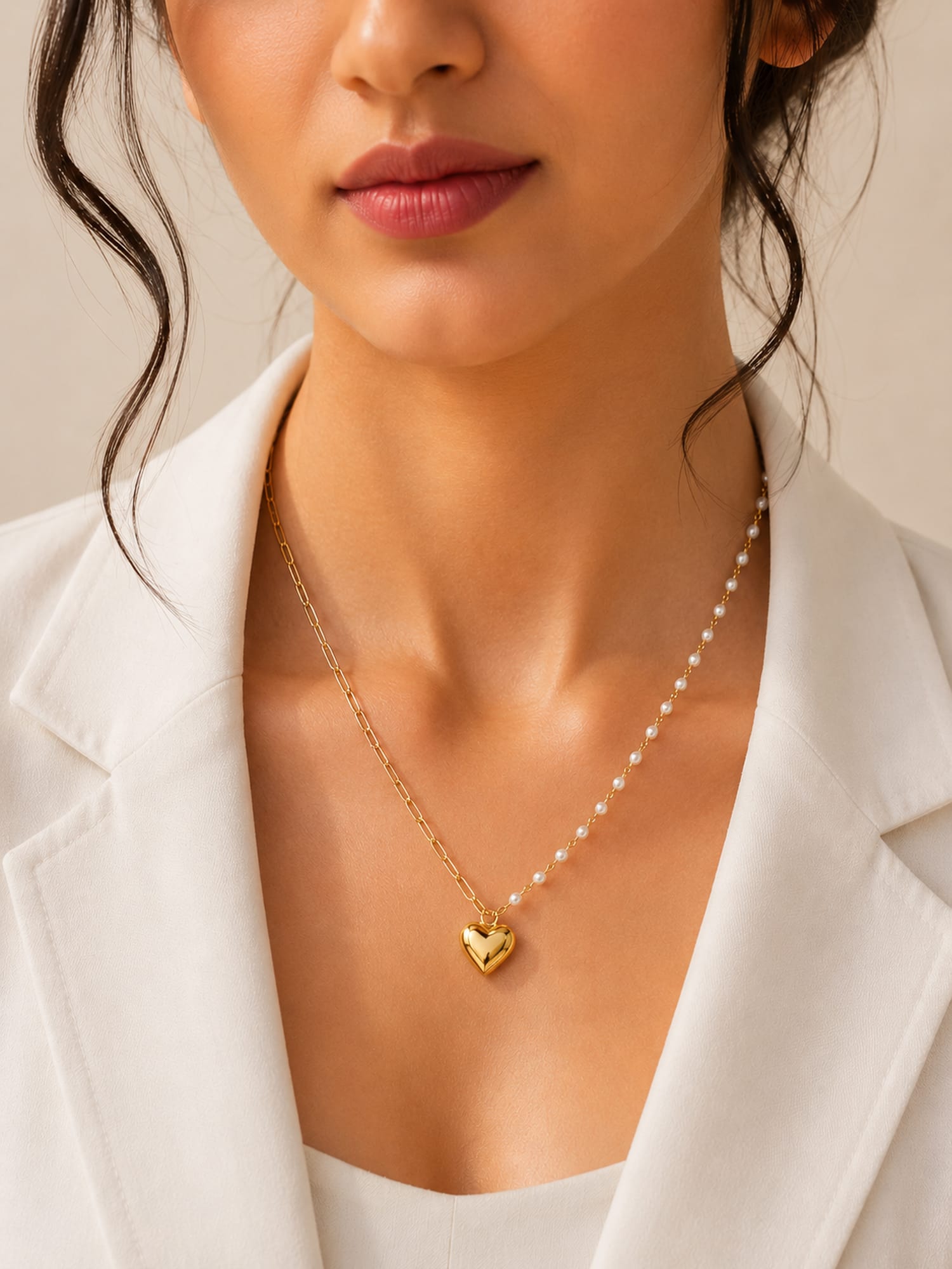 A close-up of a model wearing a delicate gold chain necklace with a small gold heart pendant and a strand of white pearls, styled with a white blazer.
