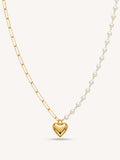 Asymmetrical heart pendant necklace featuring a paperclip chain and faux pearl chain in 18K gold finish.