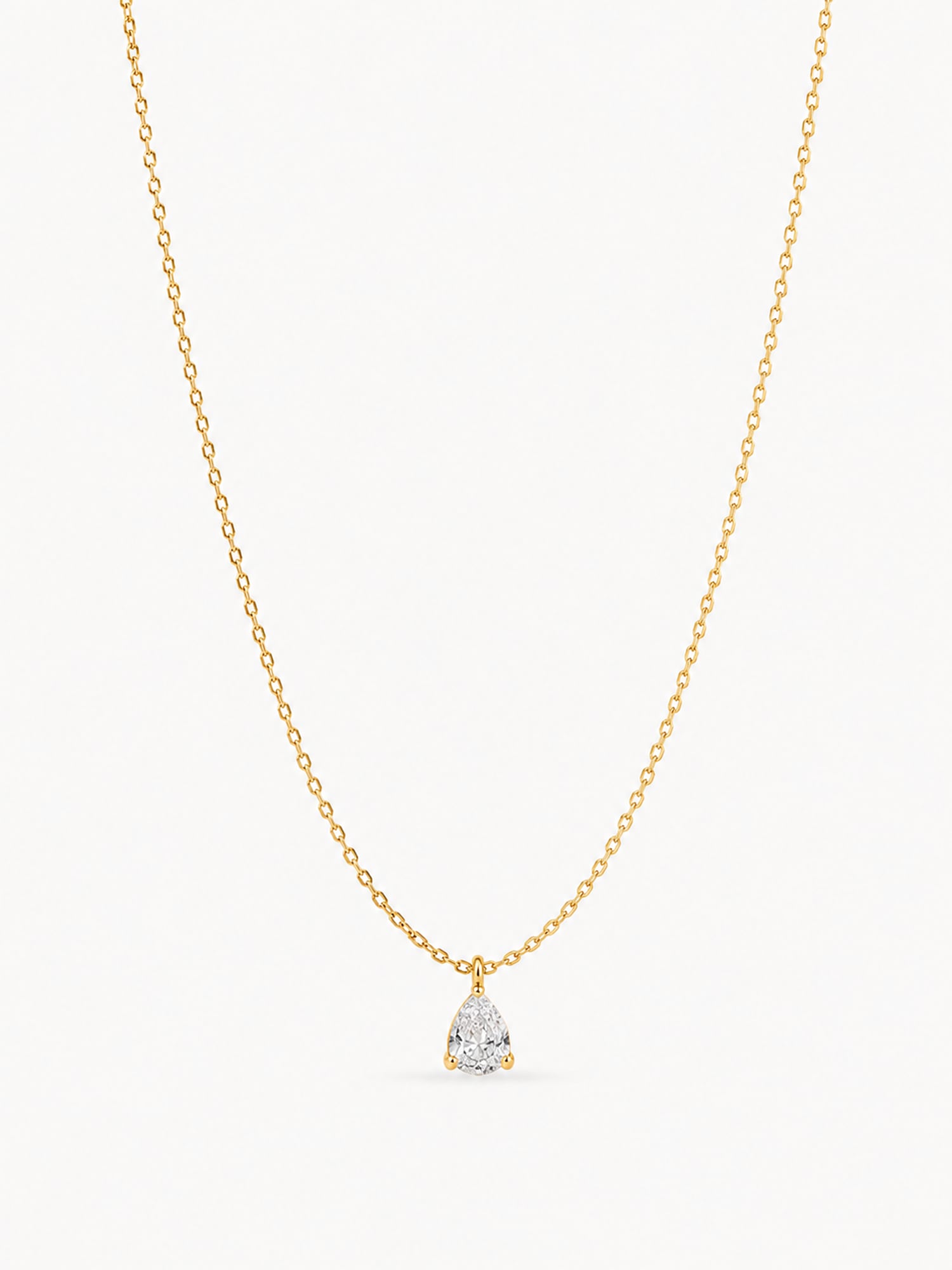Pear cut white CZ pendant necklace in 18K gold plated stainless steel with a minimalist chain.